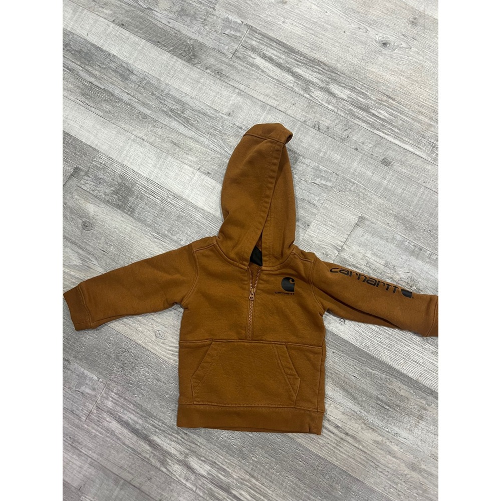 Carhartt Baby Boys Brown Half-Zip Hooded Sweatshirt Logo Sleeve Hoodie 9M